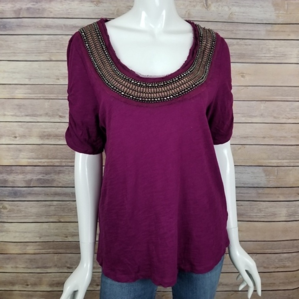 Anthropologie Deletta Beaded Neckline Top L